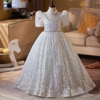 Glitter Witte Rhinestone Pailletten Verjaardag Bloemenmeisjes Jurken 2026 Baljurk U Hals Korte Mouwen Ruglooze Lange