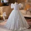 Sparkly White Rhinestone Sequins Birthday Flower Girl Dresses 2026 Ball Gown U-Neck Short Sleeve Backless Floor-Length / Long