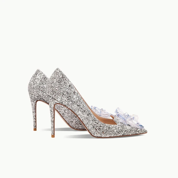 Sparkly Silver Crystal Wedding Shoes 2022 Sequins Leather 9 cm Stiletto Heels Pointed Toe Wedding Pumps High Heels