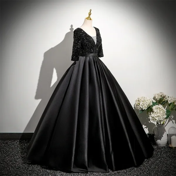 Vintage / Retro Black Beading Sequins Satin Prom Dresses 2025 Ball Gown V-Neck 3/4 Sleeve Backless Floor-Length / Long Formal Dresses