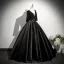 Vintage / Retro Black Beading Sequins Satin Prom Dresses 2025 Ball Gown V-Neck 3/4 Sleeve Backless Floor-Length / Long Formal Dresses