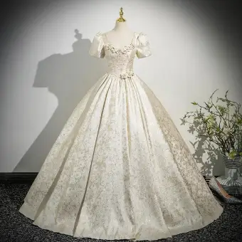 Elegant Champagne Appliques Printing Prom Dresses 2025 Ball Gown U Neck Puffy Short Sleeve Backless Floor Length Long Prom Formal Dresses