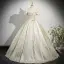Elegant Champagne Appliques Printing Prom Dresses 2025 Ball Gown U-Neck Puffy Short Sleeve Backless Floor-Length / Long Prom Formal Dresses
