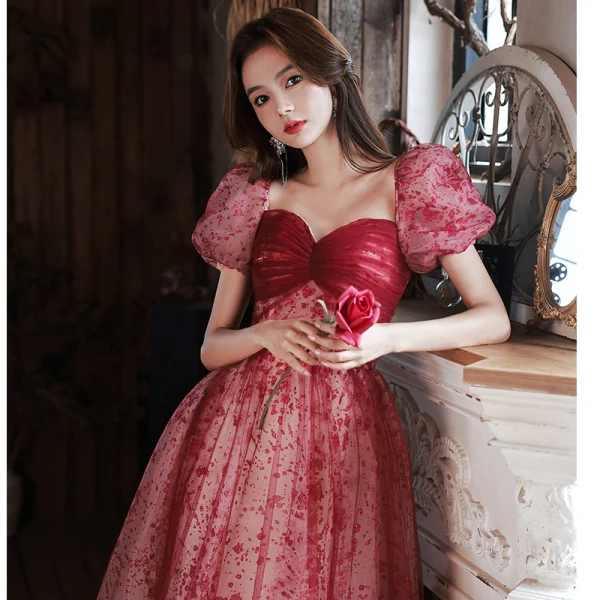 Elegant Burgundy Sequins Evening Dresses 2022 A-Line / Princess Square Neckline Short Sleeve Backless Bow Floor-Length / Long Evening Party Formal Dresses