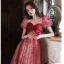 Elegant Burgundy Sequins Evening Dresses 2022 A-Line / Princess Square Neckline Short Sleeve Backless Bow Floor-Length / Long Evening Party Formal Dresses