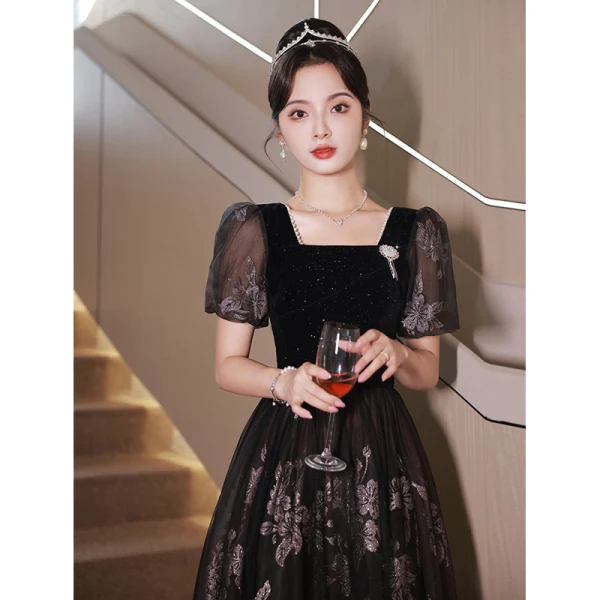 Chic / Beautiful Black Evening Dresses 2023 A-Line / Princess Square Neckline Pearl Rhinestone Short Sleeve Backless Floor-Length / Long Evening Party Formal Dresses