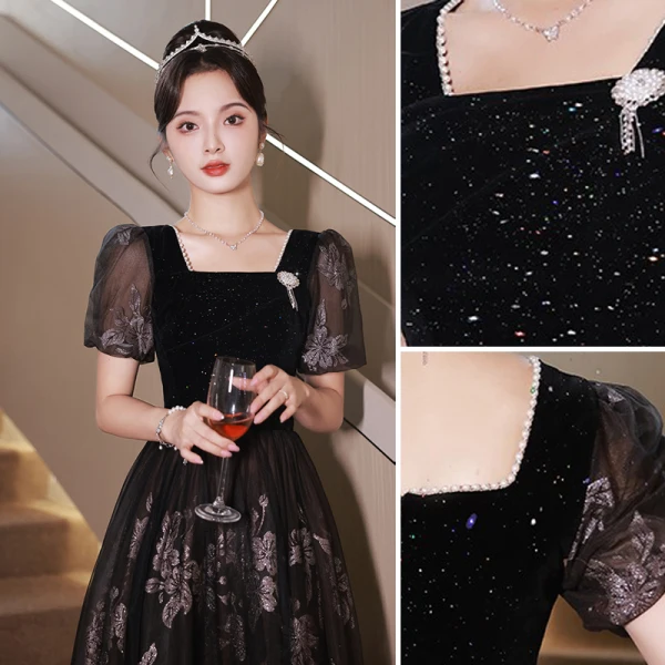 Chic / Beautiful Black Evening Dresses 2023 A-Line / Princess Square Neckline Pearl Rhinestone Short Sleeve Backless Floor-Length / Long Evening Party Formal Dresses