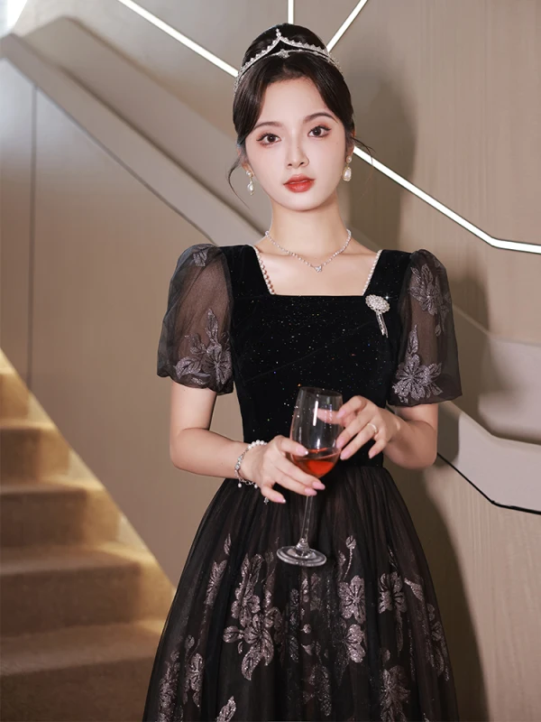 Chic / Beautiful Black Beading Pearl Sequins Evening Dresses 2023 A-Line / Princess Square Neckline Short Sleeve Backless Floor-Length / Long Evening Party Formal Dresses