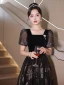 Chic / Beautiful Black Beading Pearl Sequins Evening Dresses 2023 A-Line / Princess Square Neckline Short Sleeve Backless Floor-Length / Long Evening Party Formal Dresses