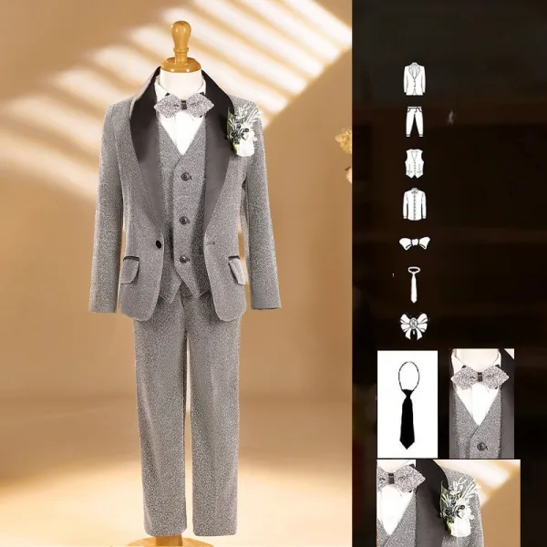 Fall Winter Grey Glitter 6-piece Long Sleeve Boys Wedding Suits 2025 Body Jewellery Coat Necklace Pants Shirt Tie Vest