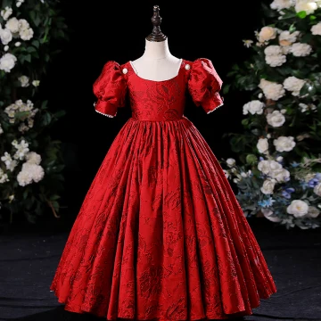 Chic Belle Rouge Impression Anniversaire Robe Ceremonie Fille 2024 Princesse Encolure Dégagée Gonflée Perle Manches Courtes Longue