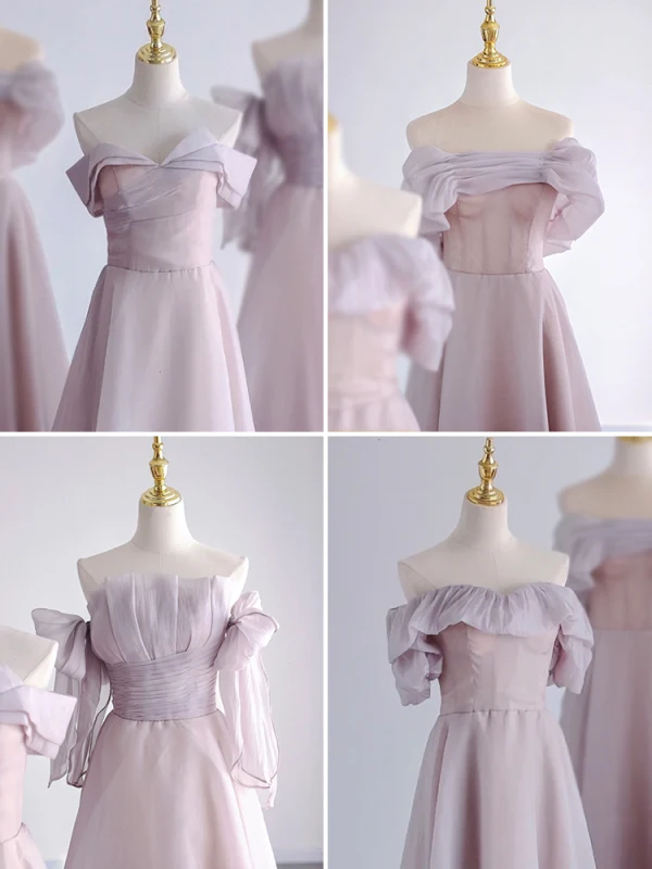 Modest / Simple Lavender Bridesmaid Dresses 2023 A-Line / Princess Off-The-Shoulder Short Sleeve Backless Floor-Length / Long Bridesmaid Dresses