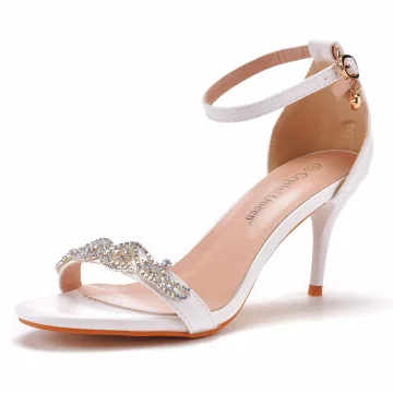 Sexy Witte Rhinestone Bruidsschoenen 2022 Enkelband 7 Cm Naaldhakken Stiletto Spitse Neus Huwelijk Hoge Hakken
