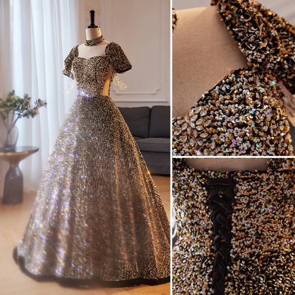 Scintillantes Multi-Couleurs Faux Diamant Paillettes Robe De Bal 2023 Encolure Carrée Princesse Manches Courtes Dos Nu Longue Promo Robe De Ceremonie