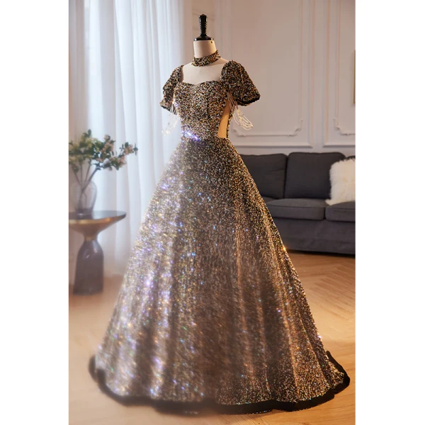 Scintillantes Multi-Couleurs Faux Diamant Paillettes Robe De Bal 2023 Encolure Carrée Princesse Manches Courtes Dos Nu Longue Promo Robe De Ceremonie