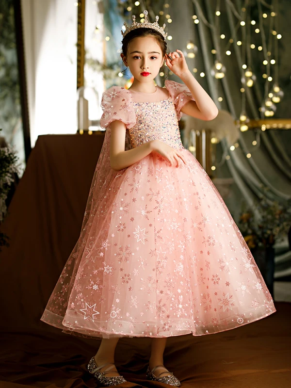 Chic / Beautiful Candy Pink Beading Star Sequins Flower Girl Dresses 2022 A-Line / Princess Scoop Neck Short Sleeve Floor-Length / Long Prom