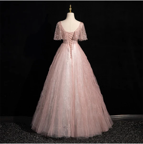 Bling Bling Dusky Pink Beading Sequins Prom Dresses 2024 A-Line / Princess V-Neck Short Sleeve Backless Floor-Length / Long Prom Formal Dresses