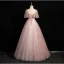 Bling Bling Dusky Pink Beading Sequins Prom Dresses 2024 A-Line / Princess V-Neck Short Sleeve Backless Floor-Length / Long Prom Formal Dresses