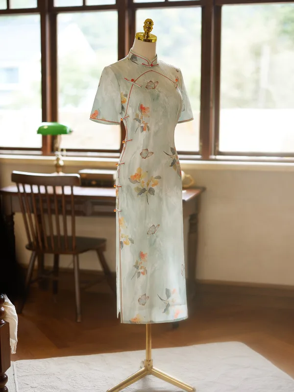 Chinese style Sage Green Butterfly Printing Split Front Cheongsam 2024 Trumpet / Mermaid High Neck Short Sleeve Prom Floor-Length / Long