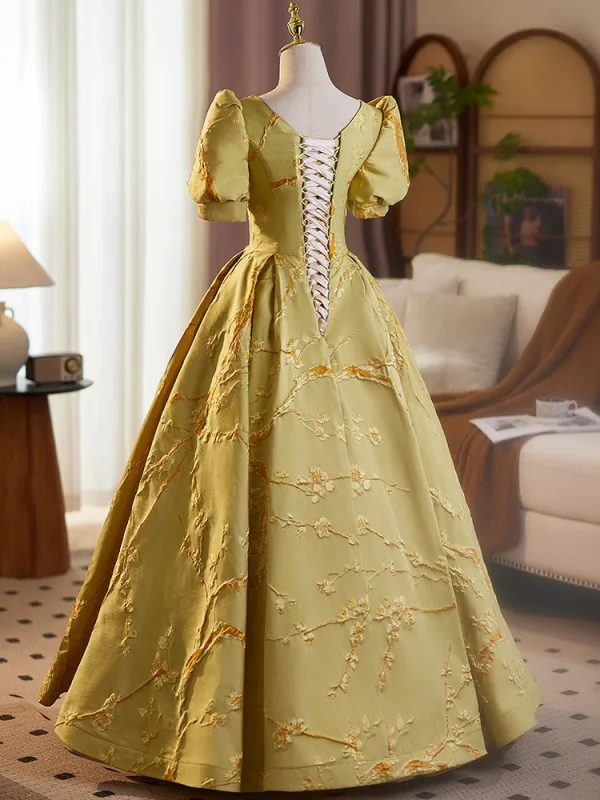 Elegant Yellow Printing Prom Dresses 2025 A-Line / Princess V-Neck Short Sleeve Backless Floor-Length / Long Prom Formal Dresses