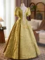 Elegant Yellow Printing Prom Dresses 2025 A-Line / Princess V-Neck Short Sleeve Backless Floor-Length / Long Prom Formal Dresses