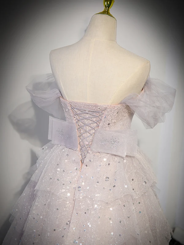 Glitzernden Charmant Lavendel Perlenstickerei Pailletten Fallende Rüsche Ballkleider 2023 A Linie Off Shoulder Ärmellos Rückenfreies Lange Ball Festliche Kleider