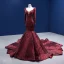 Luxury / Gorgeous High-end Burgundy Evening Dresses 2022 Trumpet / Mermaid Scoop Neck Beading Pearl Rhinestone Sequins Long Sleeve Royal Train Evening Party Formal Dresses