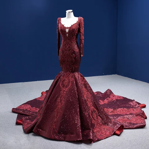 Luxe Haut de Gamme Bordeaux Robe De Soirée 2022 Trompette / Sirène Encolure Dégagée Perlage Perle Faux Diamant Paillettes Manches Longues Royal Train Soirée Robe De Ceremonie