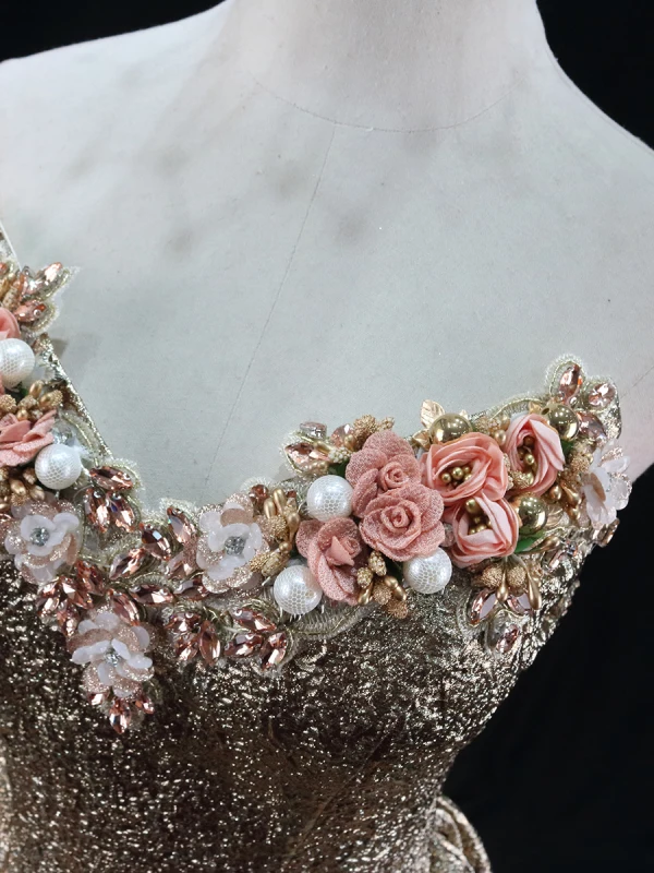 Sparkly Gold Beading Pearl Sequins Appliques Prom Dresses 2024 Ball Gown Strapless Sleeveless Backless Floor-Length / Long Prom Formal Dresses