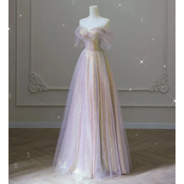 Charmant Rougissant Rose Paillettes Robe De Bal 2022 Princesse De l'épaule Manches Courtes Dos Nu Longue Robe De Ceremonie