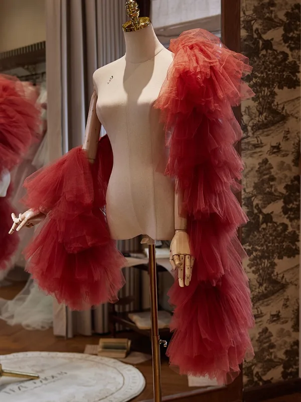 Chic / Beautiful Burgundy Handmade Pleated shawl Jackets & wraps Tulle 2024