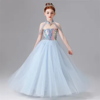 Chic Belle Bleu Ciel Perlage Gland Paillettes Anniversaire Robe Ceremonie Fille 2025 Robe Boule Col Haut Sans Manches Longue
