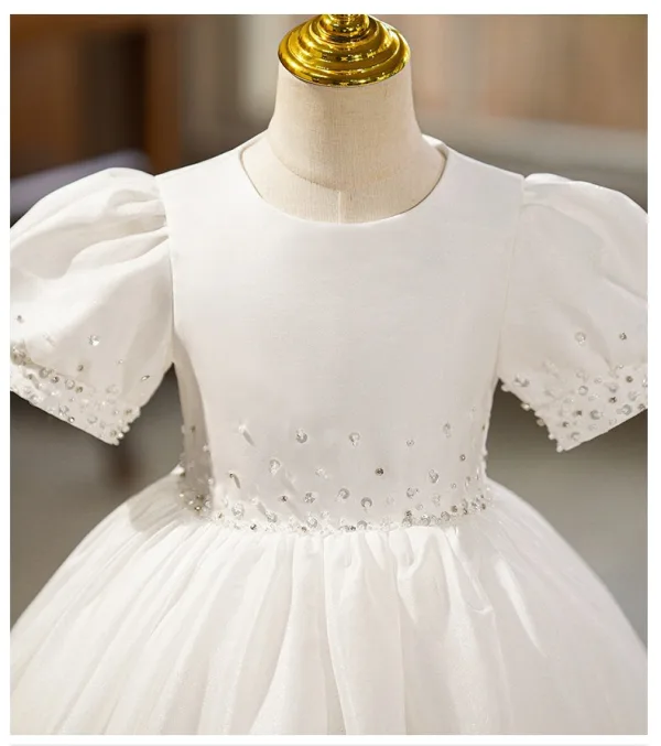 Elegant White Sequins Feather Birthday Flower Girl Dresses 2026 Ball Gown Scoop Neck Puffy Short Sleeve Backless