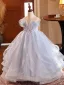 Chic / Beautiful Sky Blue Beading Cascading Ruffles Birthday Flower Girl Dresses 2024 Ball Gown Scoop Neck Sleeveless Backless Floor-Length / Long