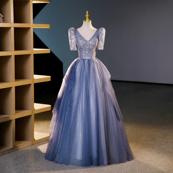Bling Bling Elegant Ocean Blue Sequins Prom Dresses 2023 Ball Gown V-Neck Short Sleeve Backless Floor-Length / Long Prom Formal Dresses