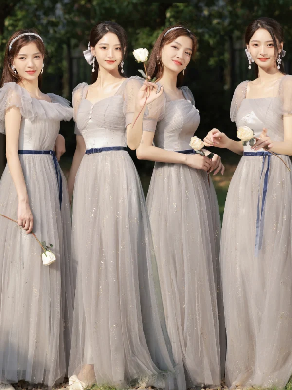 Modest / Simple Grey Bow Sash Bridesmaid Dresses 2023 A-Line / Princess Square Neckline Short Sleeve Floor-Length / Long Bridesmaid Dresses