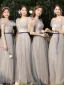 Modest / Simple Grey Bow Sash Bridesmaid Dresses 2023 A-Line / Princess Square Neckline Short Sleeve Floor-Length / Long Bridesmaid Dresses