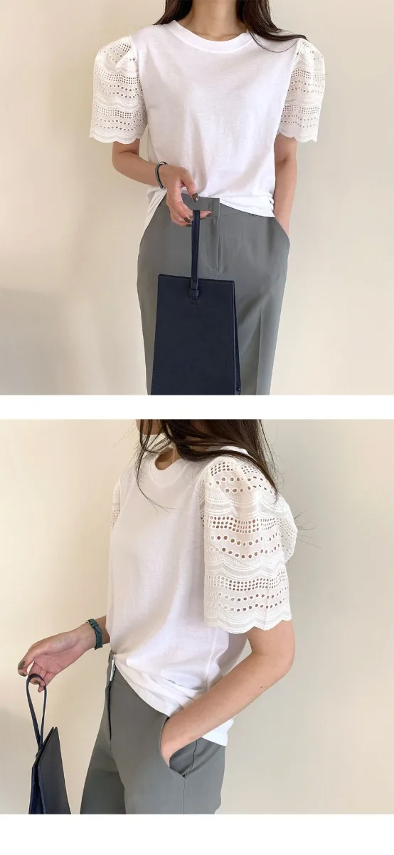 White Pierced Solid Color Cotton Scoop Neck Street Wear Summer Short Sleeve Fashion 2021 Women's Tops