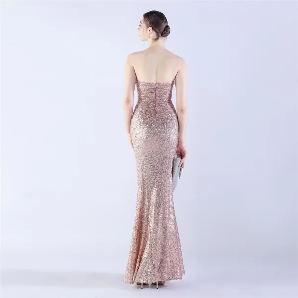 Sexy Black Sequins Evening Dresses 2024 Trumpet / Mermaid Strapless Tassel Sleeveless Backless Floor-Length / Long Evening Party Formal Dresses