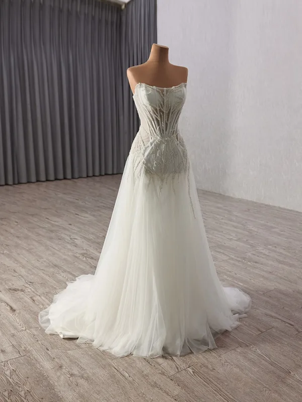 Sexy White Beading Sequins Evening Dresses 2025 A-Line / Princess Strapless Sleeveless Backless Floor-Length / Long Evening Party Formal Dresses