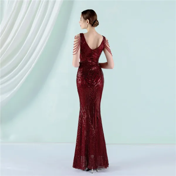 Sparkly Black Sequins Evening Dresses 2022 Trumpet / Mermaid V-Neck Beading Sleeveless Floor-Length / Long Evening Party Formal Dresses