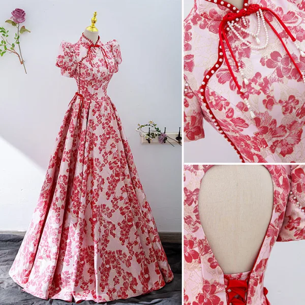 Elegant Red Floral Evening Dresses 2022 A-Line / Princess High Neck Puffy Short Sleeve Backless Floor-Length / Long Evening Party Formal Dresses
