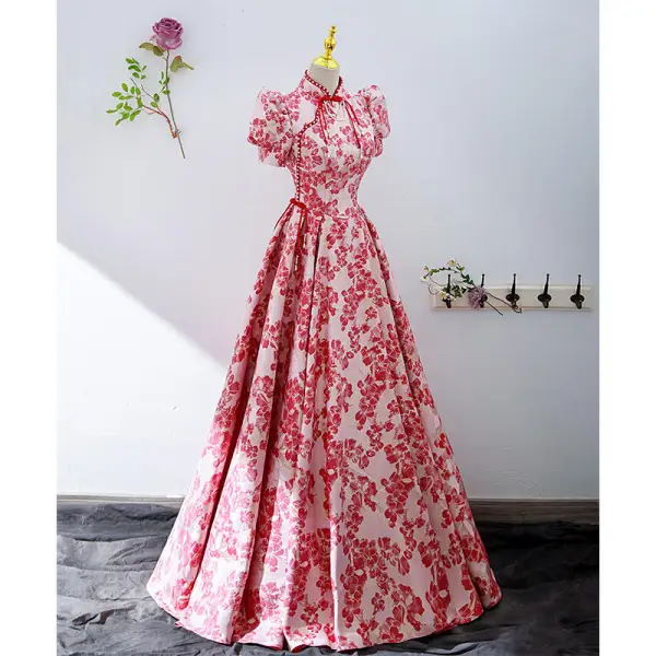 Elegant Red Floral Evening Dresses 2022 A-Line / Princess High Neck Puffy Short Sleeve Backless Floor-Length / Long Evening Party Formal Dresses