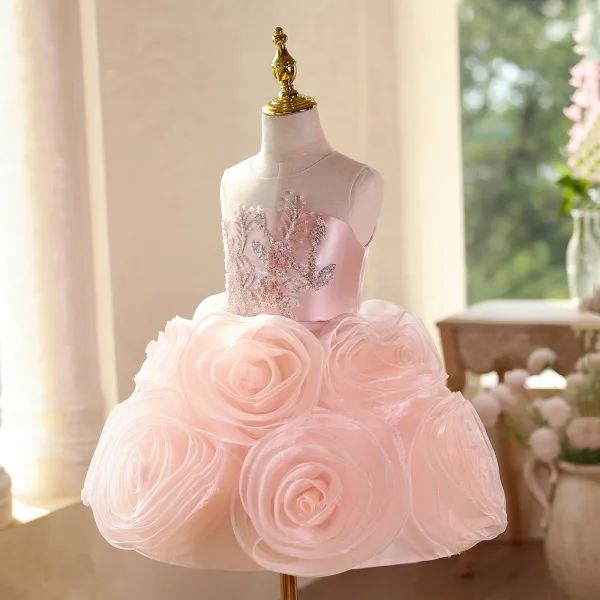 Lovely Blushing Pink Beading Appliques Sequins Short Birthday Flower Girl Dresses 2025 Ball Gown Scoop Neck Sleeveless Backless Tulle