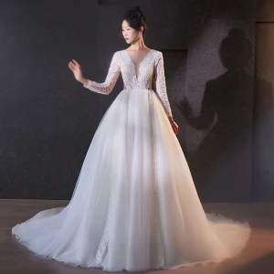 Élégant Blanche En Dentelle Fleur Robe De Mariée 2024 Princesse Col V Profond Manches Longues Dos Nu Longue Mariage