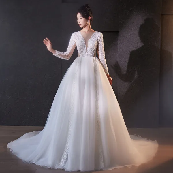 Elegant White Lace Flower Wedding Dresses 2024 A-Line / Princess Deep V-Neck Long Sleeve Backless Floor-Length / Long Wedding