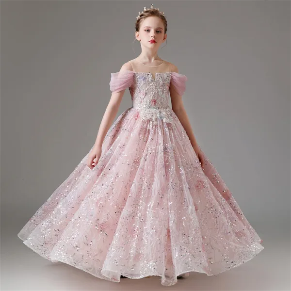Chic / Beautiful Blushing Pink Beading Sequins Lace Flower Flower Girl Dresses 2024 Birthday Ball Gown Scoop Neck Short Sleeve Floor-Length / Long