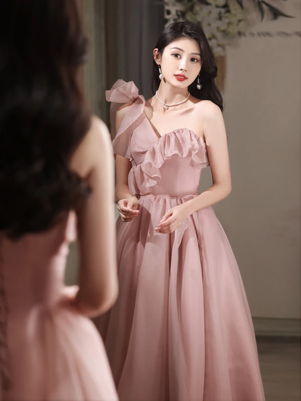 Modest Simple Blushing Pink Prom Dresses 2023 A-Line Princess One-Shoulder Sleeveless