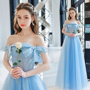 Elegante Blau Ballkleider 2022 A Linie Schleife Off Shoulder Ärmellos Rückenfreies Perle Lange Festliche Kleider