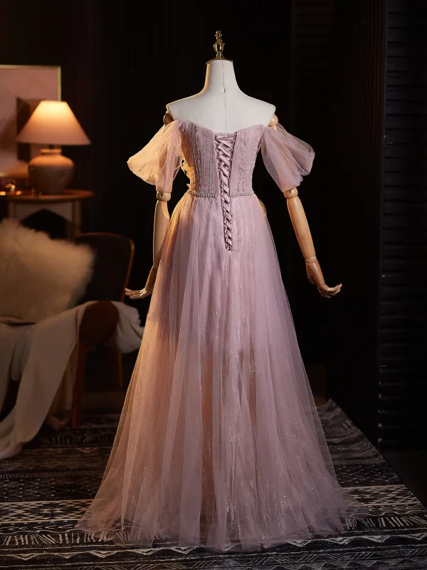 Schöne Rosa Perle Strass Pailletten Applikationen Gespaltete Front Ballkleider 2025 A Linie Off Shoulder Ärmellos Rückenfreies Lange Ball Festliche Kleider
